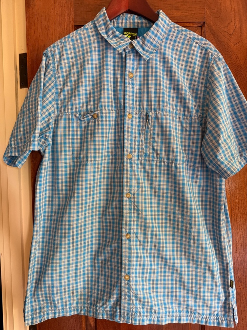Koppen Men's Short-Sleeve Plaid Button-Down Shirt - Blue and Cream Lg